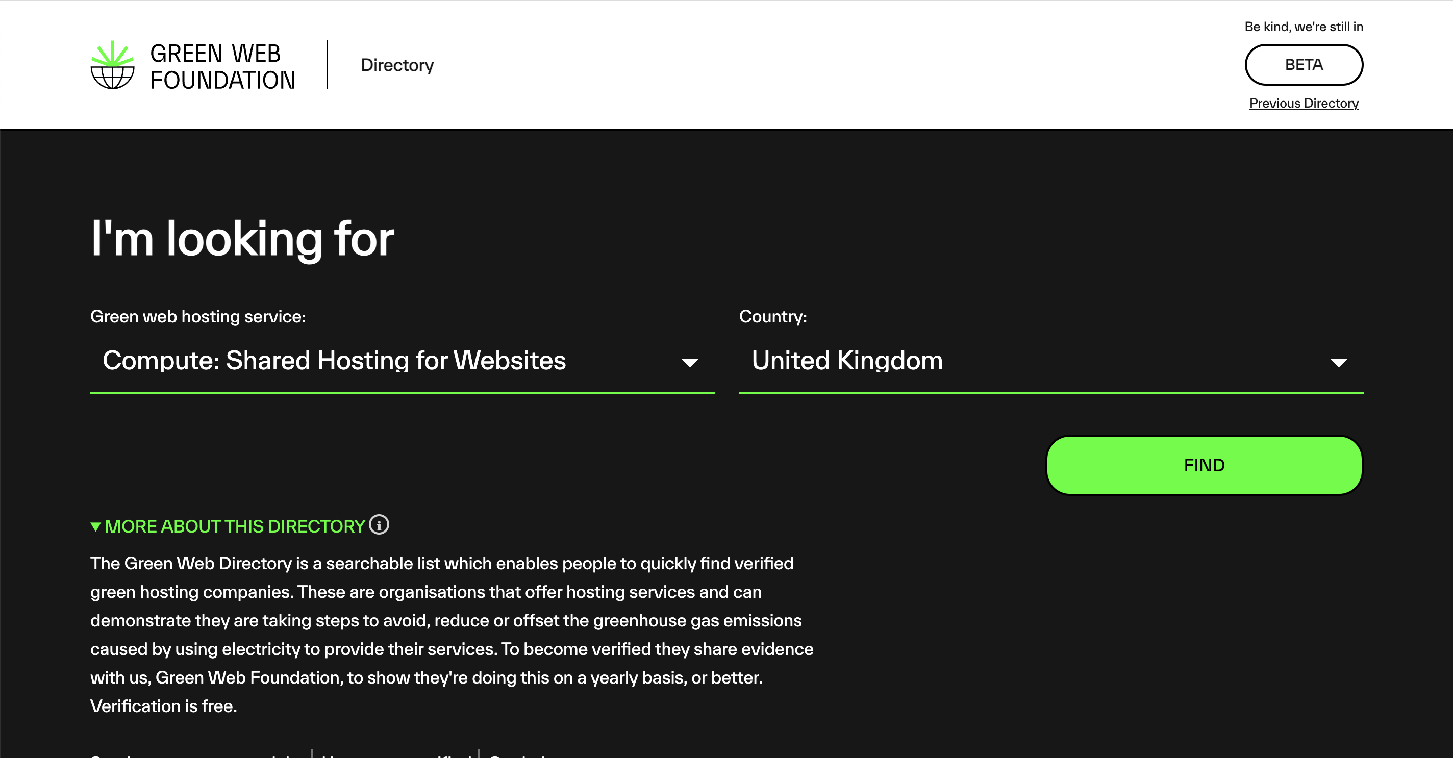 Screenshot from The Green Web Doundation Directory, a resource that businesses can use to find a green host for their SME website