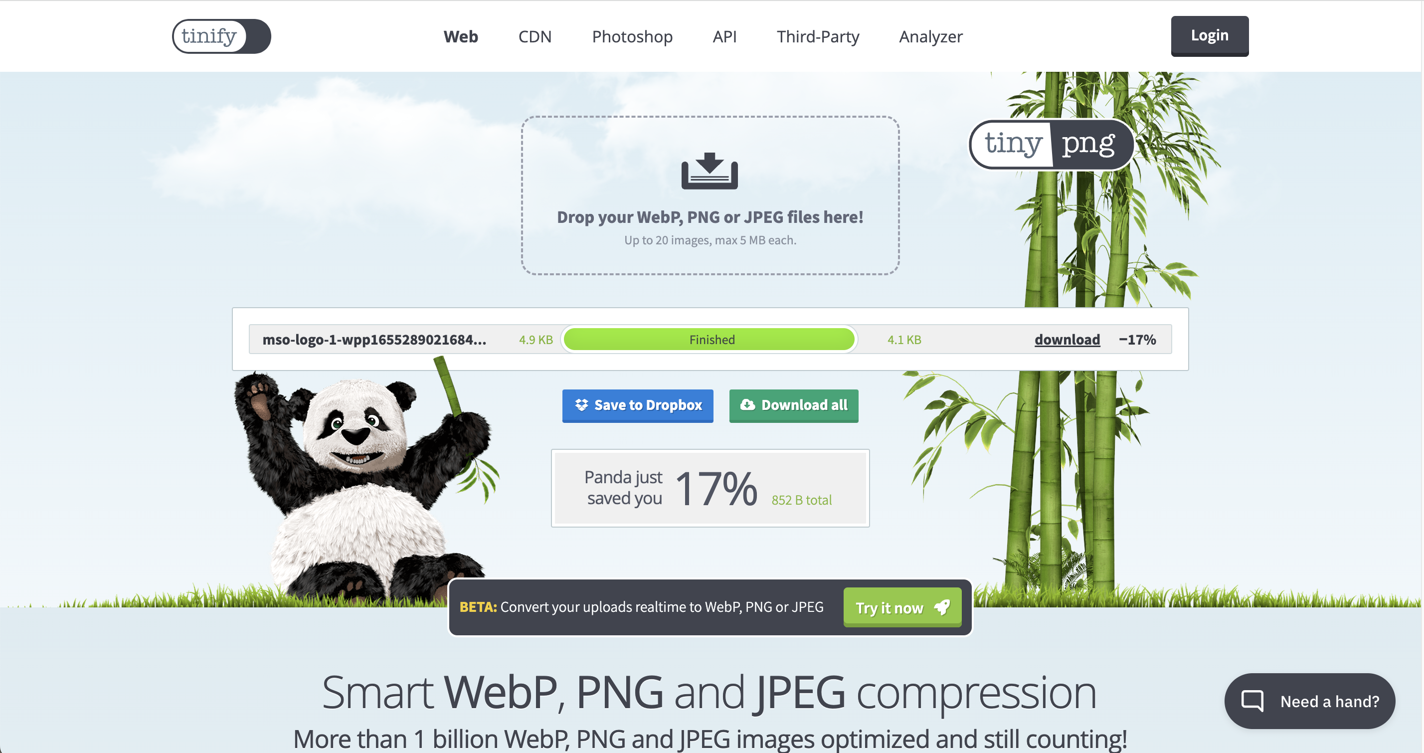 Screenshot from the Tinypng website showing a complete optimisation of an image file, a resource businesses can use to optimise images for their SME website