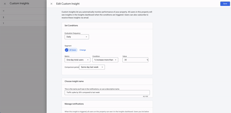 gif showing the process of setting up a custom insight in google analytics 4 for an element of a marketing digital workflow.