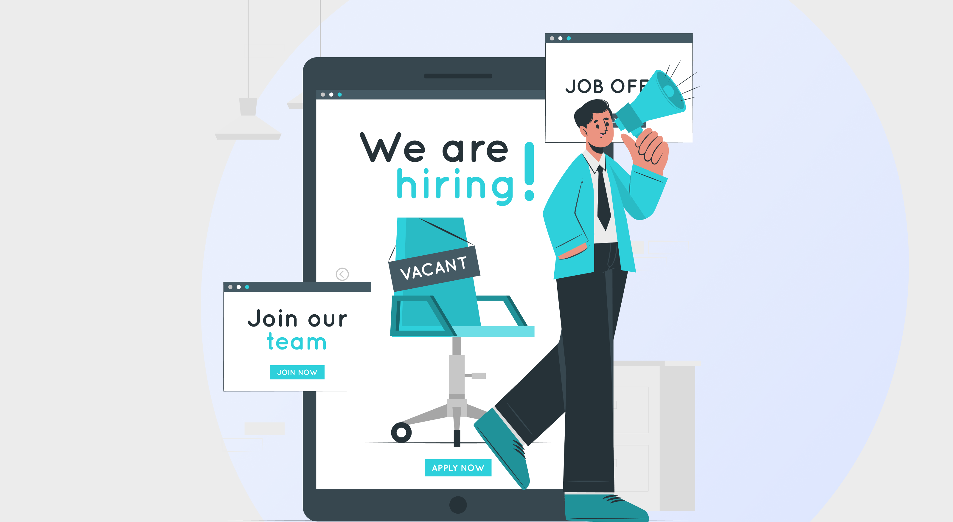 Graphic showing an illustration of a man in business wear speaking into a loudspeaker in front of various WE ARE HIRING ads