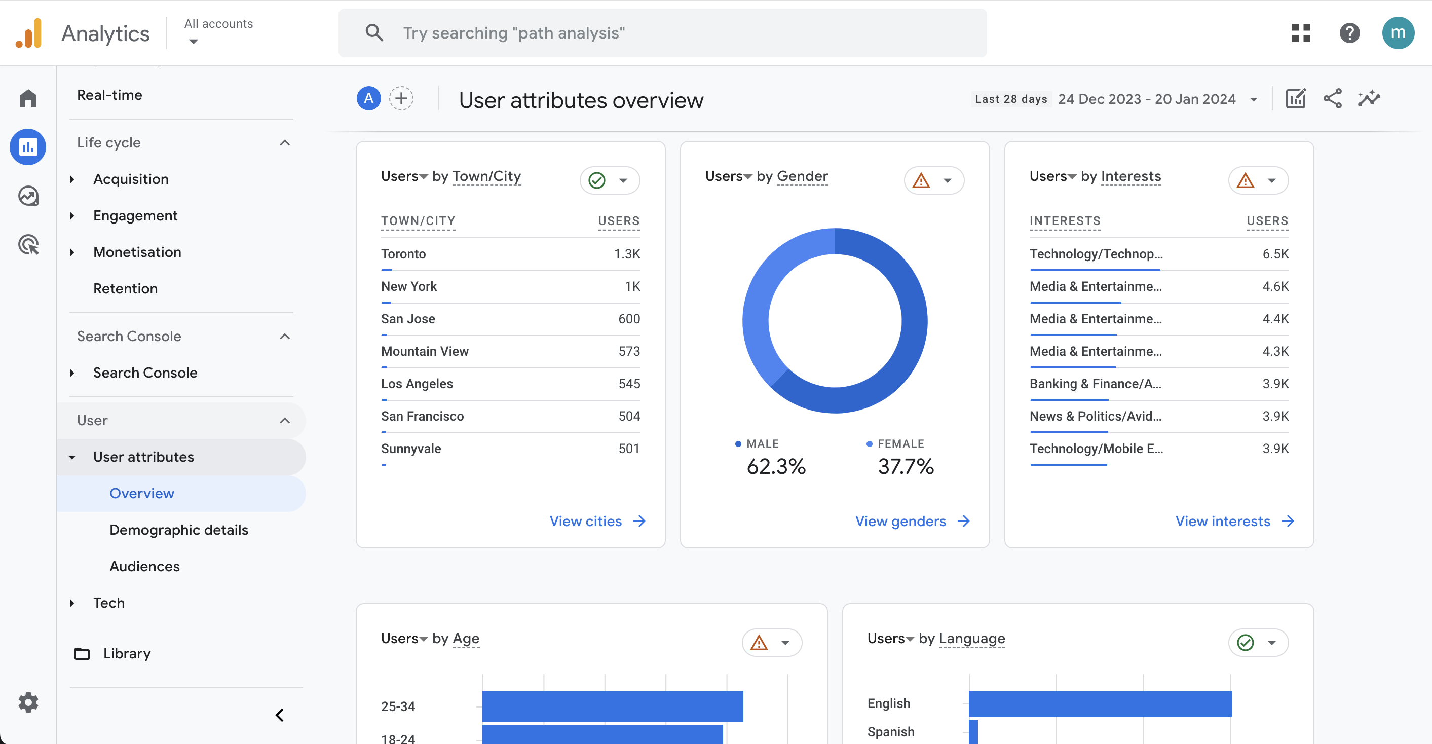 Image showing snapshot from Google Analytics 4, namely website analytics for demographic which would be useful when considering business expansion strategies.